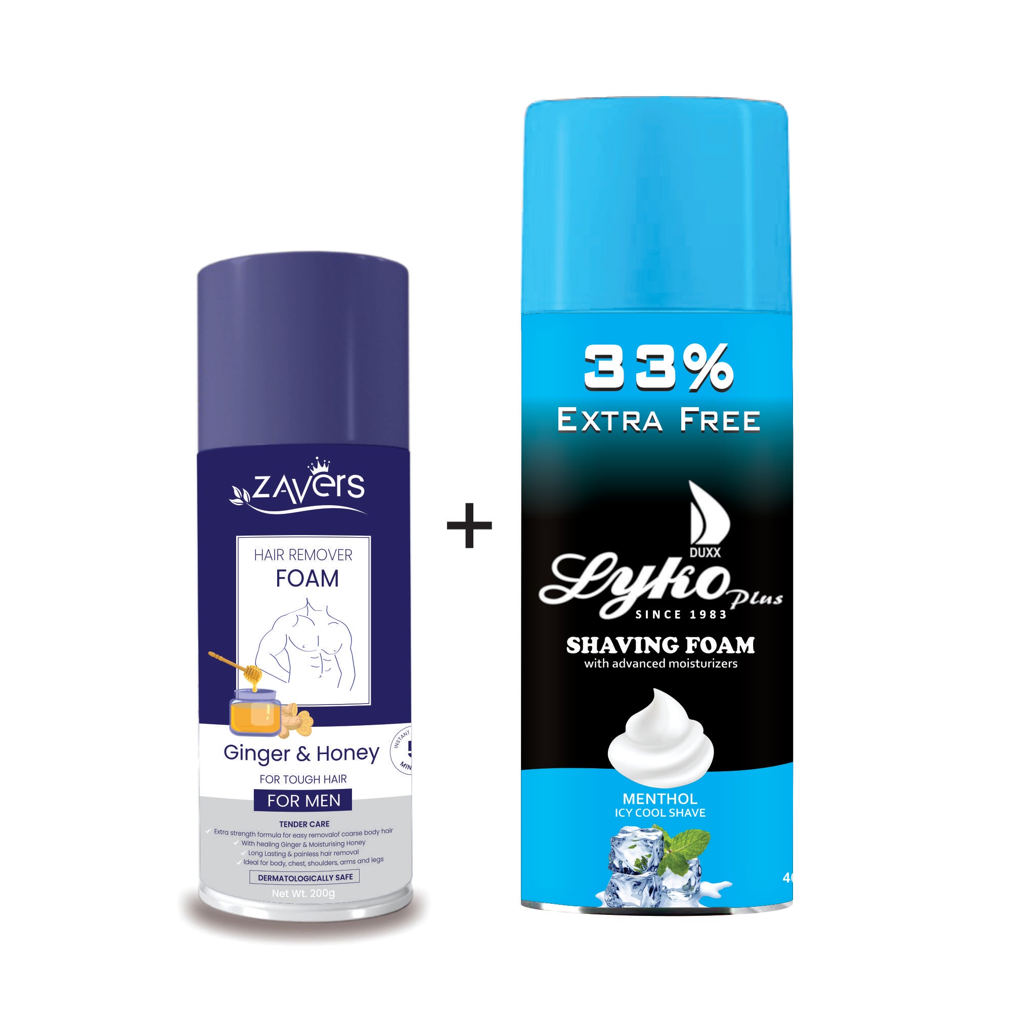 Zavers Hair Remover Foam For Men 200 GRM + DUXX LYKO Plus Shaving Foam MENTHOL 400 ML