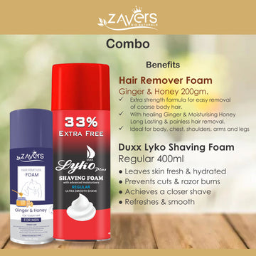 Zavers Hair Remover Foam For Men 200 GRM + DUXX LYKO Plus Shaving Foam Regular 400 ML