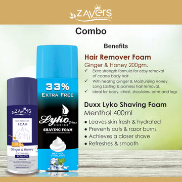 Zavers Hair Remover Foam For Men 200 GRM + DUXX LYKO Plus Shaving Foam MENTHOL 400 ML
